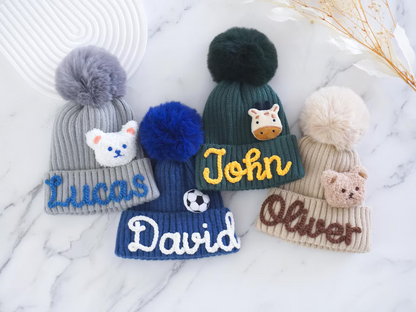 Personalized Family Beanie – Custom Name Knit Hat with Pom Pom