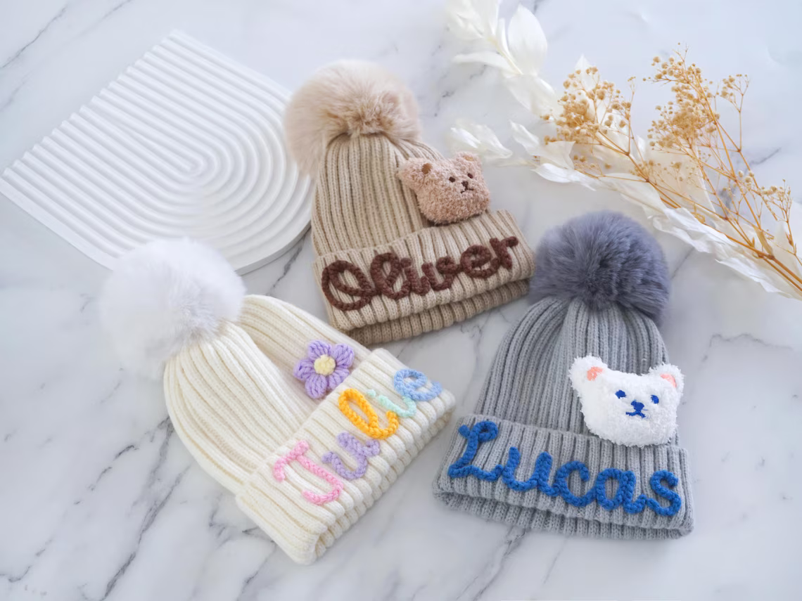 Personalized Family Beanie – Custom Name Knit Hat with Pom Pom