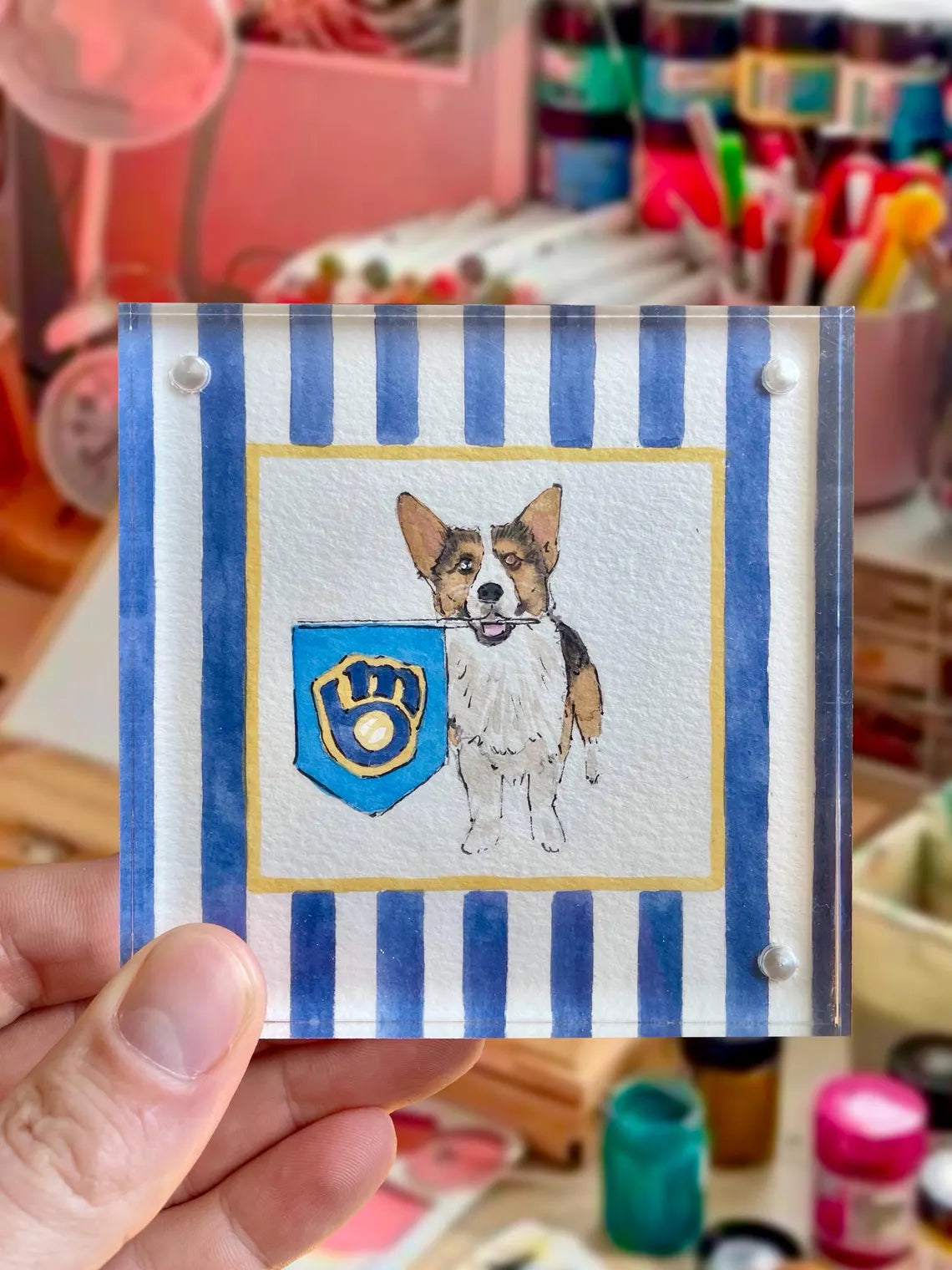 Custom 4x4” Pet Portrait – Watercolor Effect in Acrylic Frame with College Flag