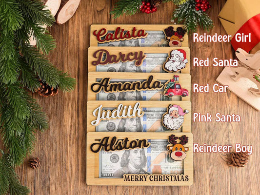 Custom Christmas Money Holder – Personalized Wooden Santa & Reindeer Gift Card Holder