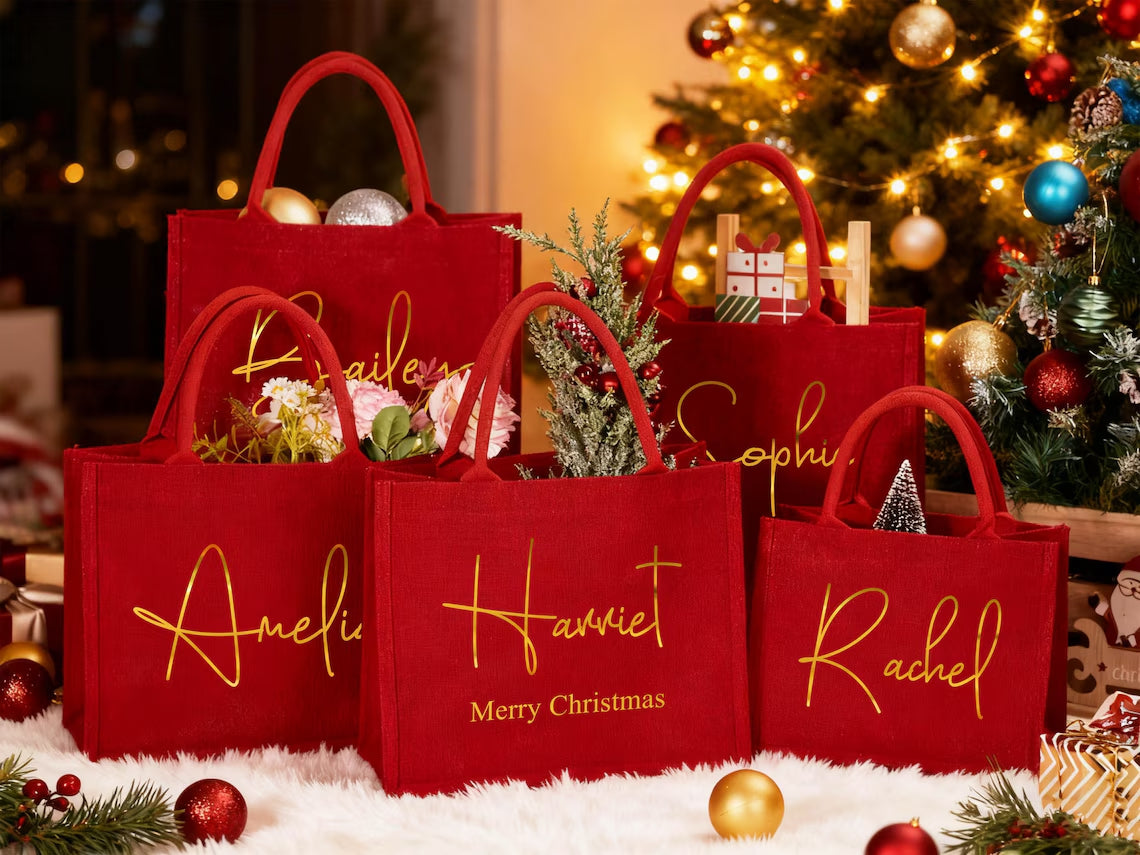 Personalized Burlap Christmas Gift Bag | Custom Red Holiday Gift Sack
