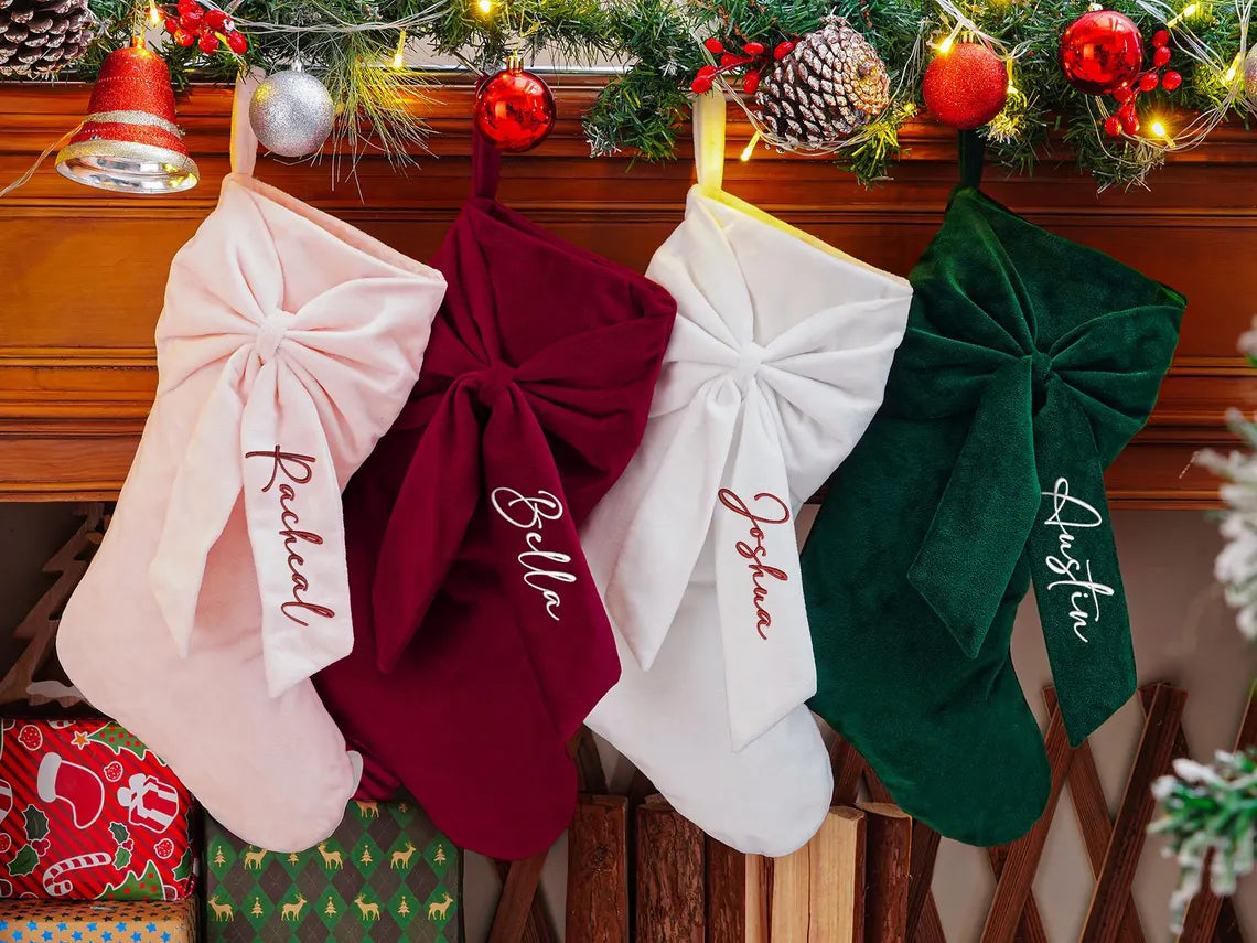 Personalized Velvet Christmas Stocking with Bow – Embroidered Name
