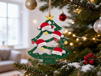 Décoration de Noël familiale en bois personnalisée 2025 – Noms sur les chapeaux