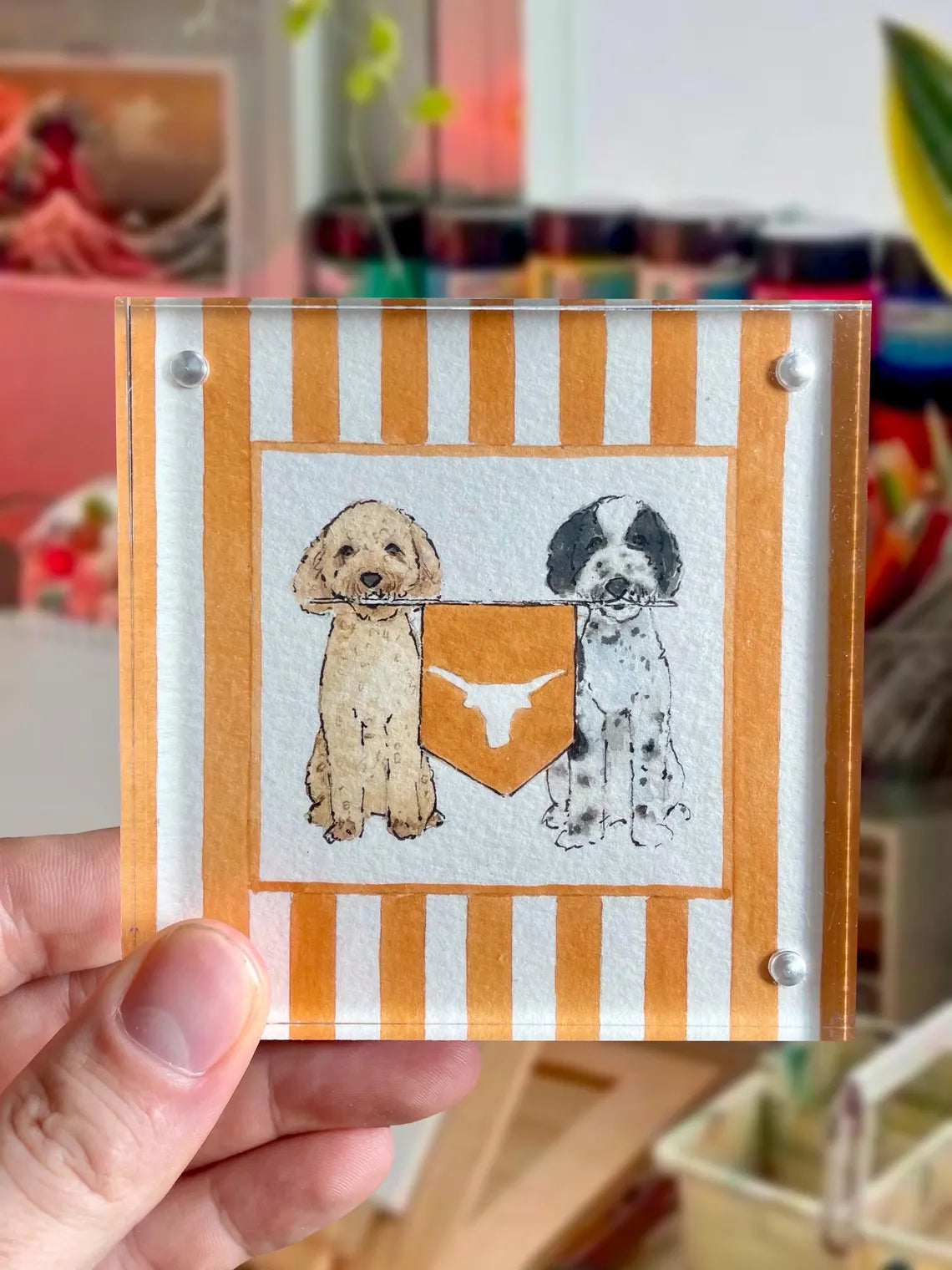 Custom 4x4” Pet Portrait – Watercolor Effect in Acrylic Frame with College Flag