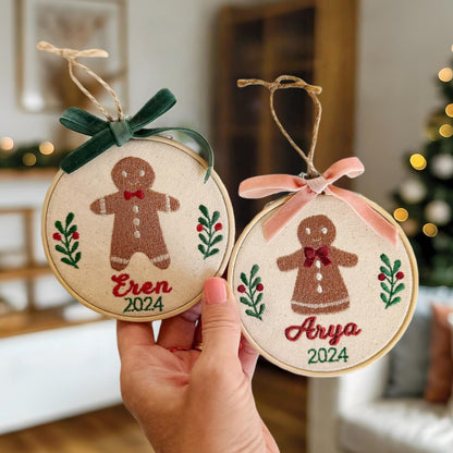 Personalized First Christmas Ornament | Embroidered Gingerbread Design