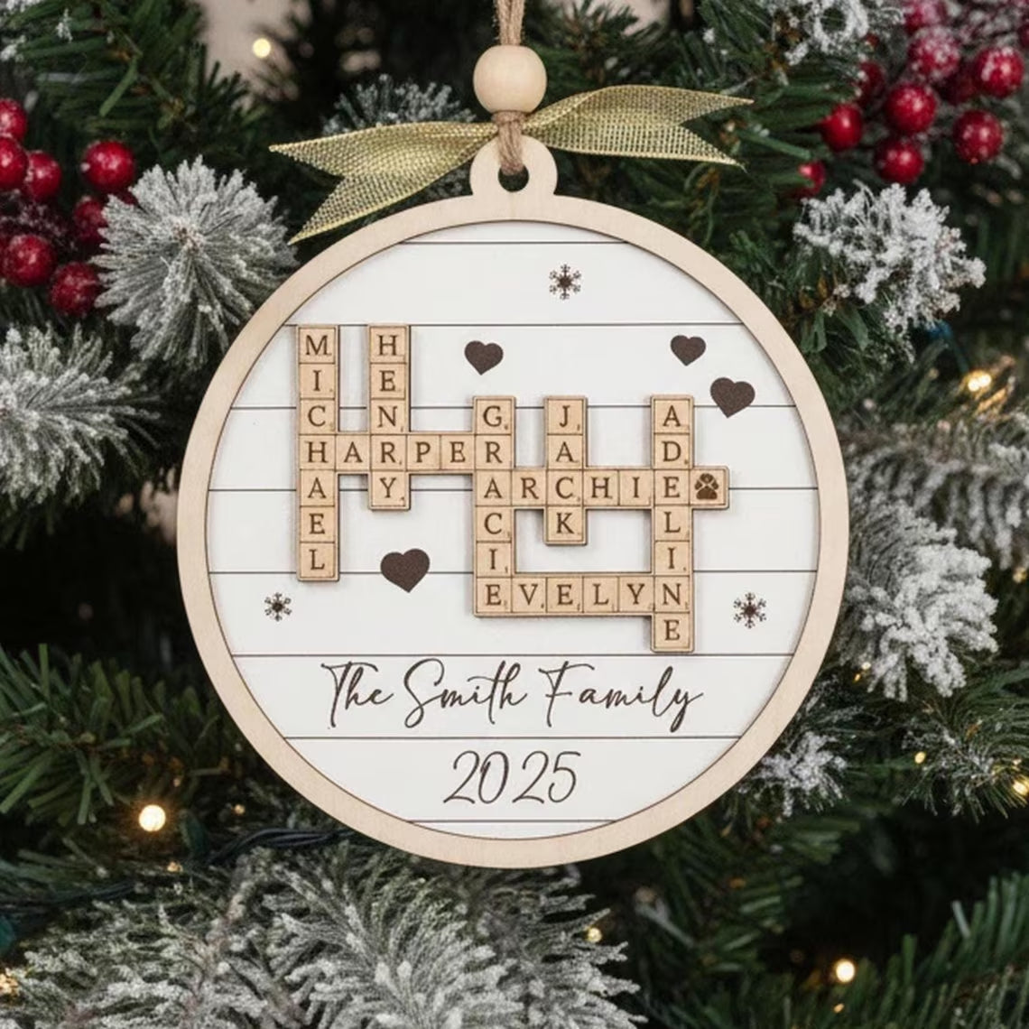 Personalized Family Crossword Wooden Ornament – Custom Christmas Gift