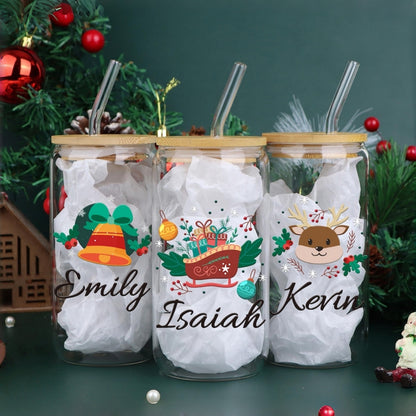 Tasse de Noël personnalisée en verre | Mug de 473 ml pour café glacé et boissons de Noël