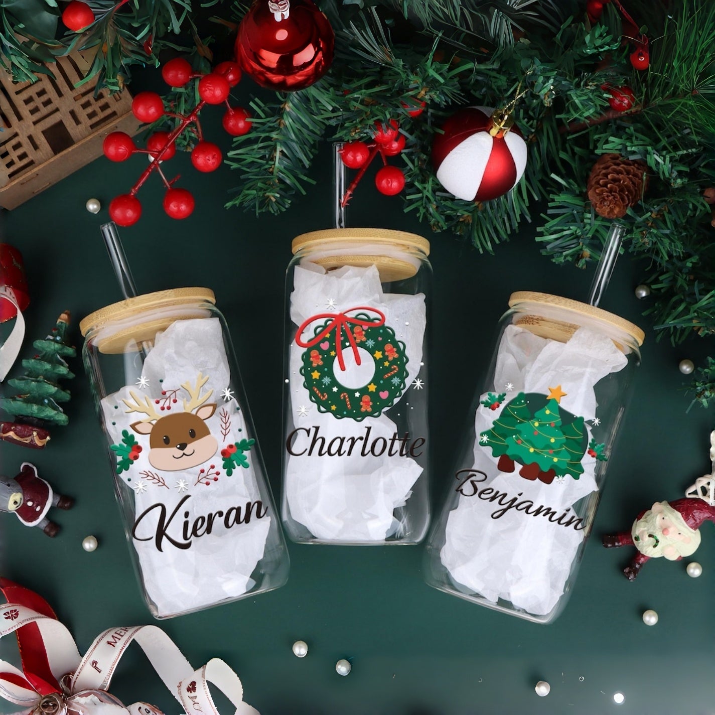 Tasse de Noël personnalisée en verre | Mug de 473 ml pour café glacé et boissons de Noël