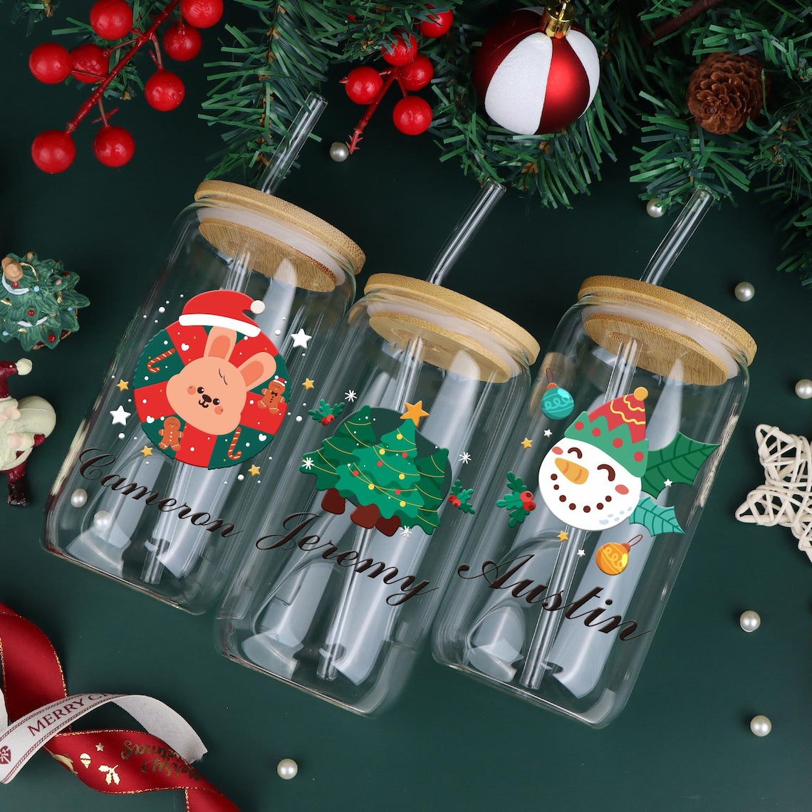 Tasse de Noël personnalisée en verre | Mug de 473 ml pour café glacé et boissons de Noël