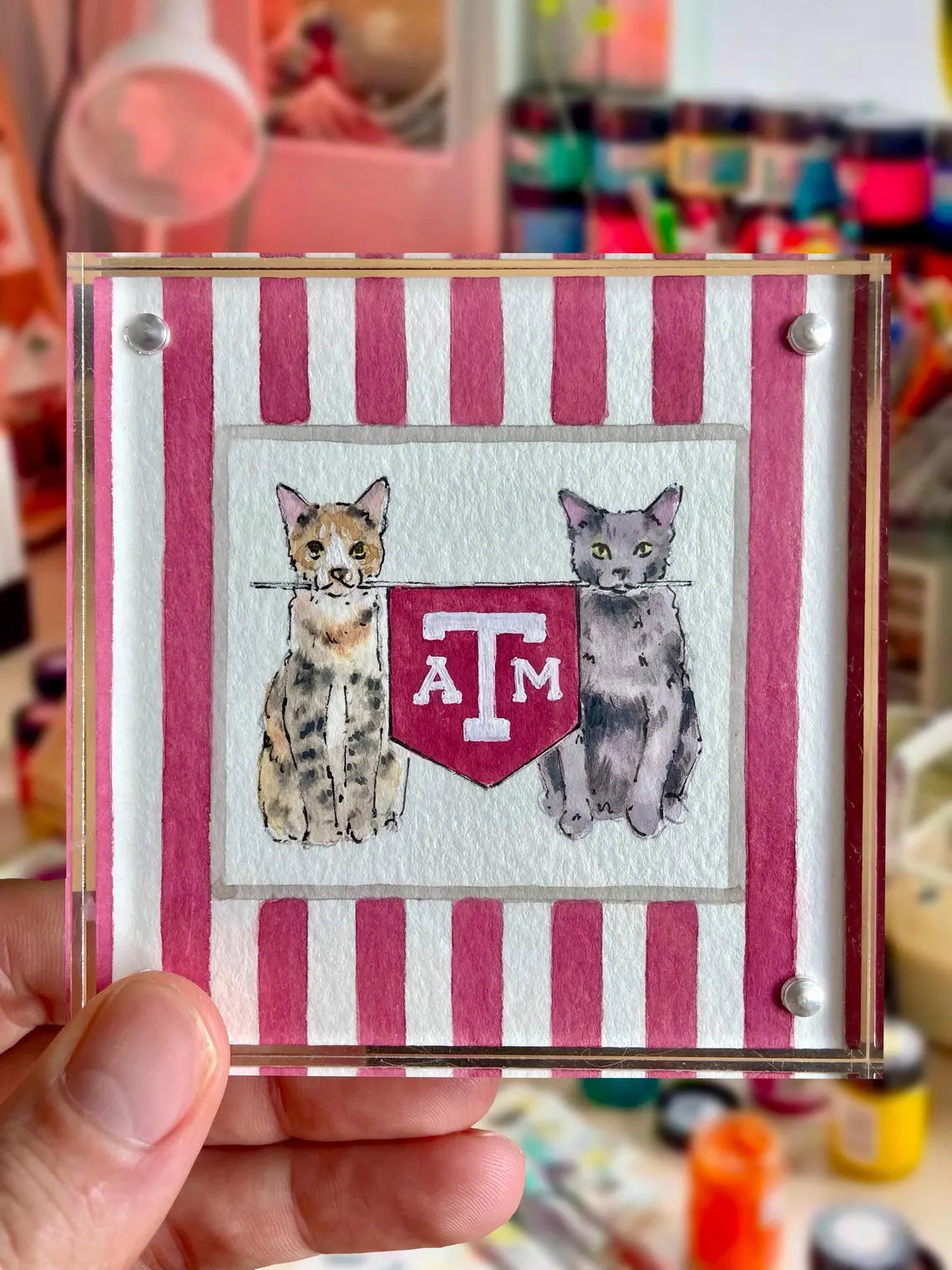 Custom 4x4” Pet Portrait – Watercolor Effect in Acrylic Frame with College Flag