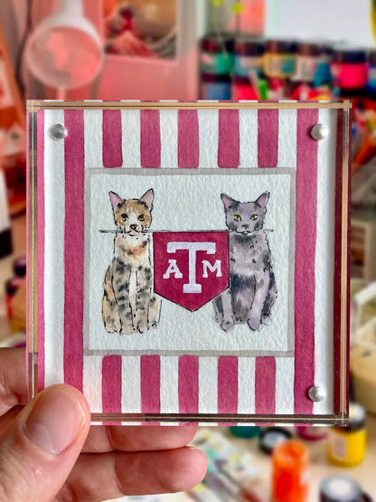 Custom 4x4” Pet Portrait – Watercolor Effect in Acrylic Frame with College Flag
