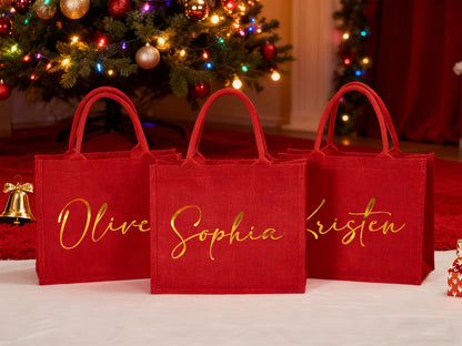 Personalized Burlap Christmas Gift Bag | Custom Red Holiday Gift Sack