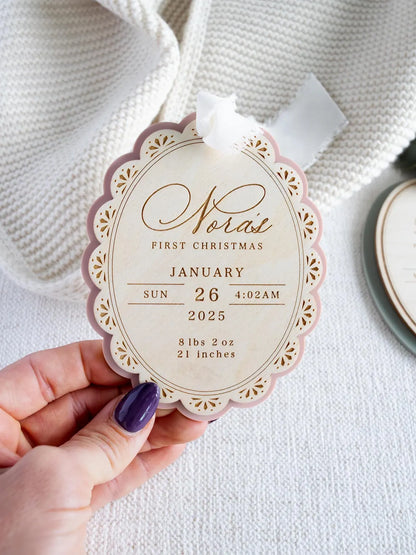 Personalized Baby’s First Christmas Ornament – Engraved Wood Birth Stats