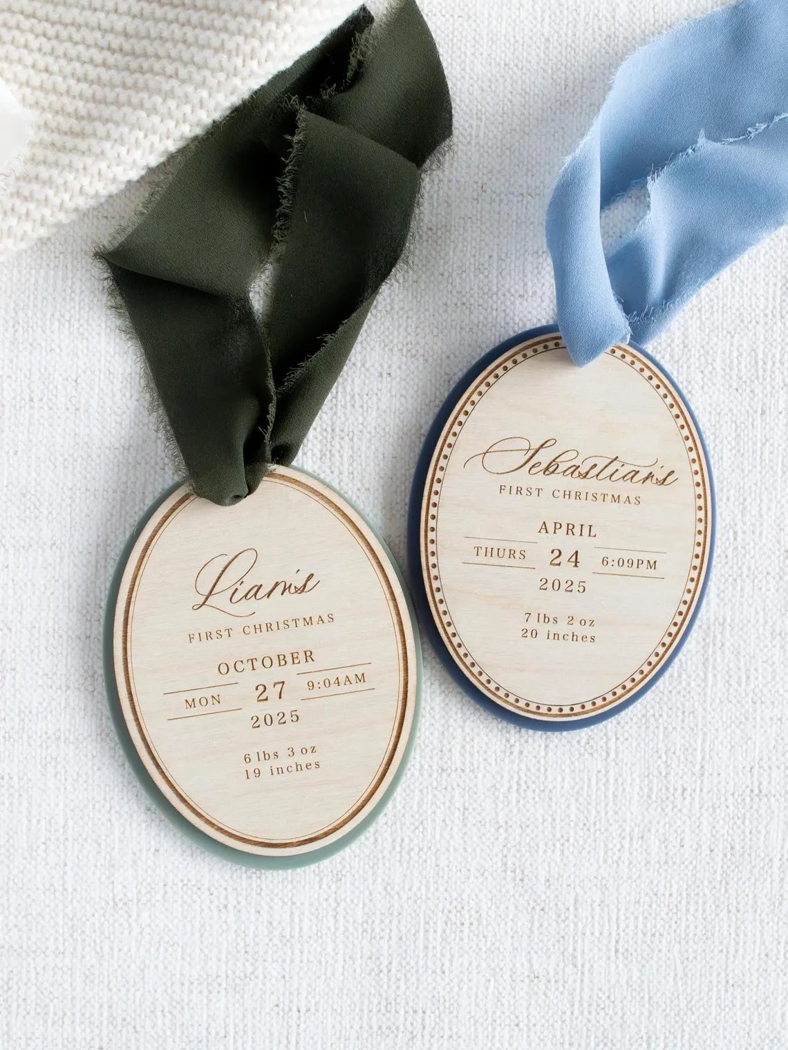 Personalized Baby’s First Christmas Ornament – Engraved Wood Birth Stats
