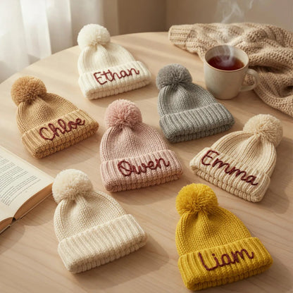 Personalized Hand Embroidered Kids Winter Hat with Pom Pom