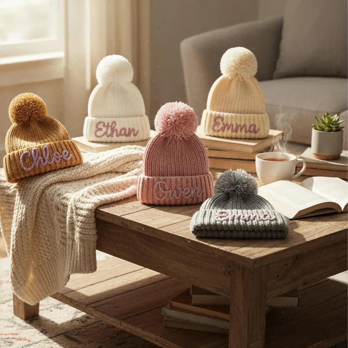 Personalized Hand Embroidered Kids Winter Hat with Pom Pom
