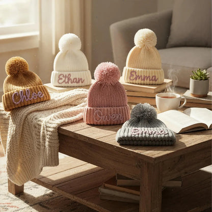 Personalized Hand Embroidered Kids Winter Hat with Pom Pom