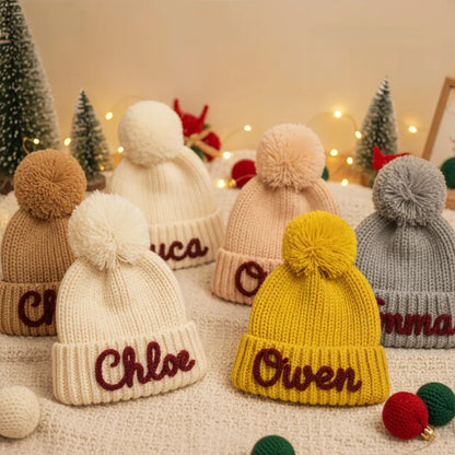 Personalized Hand Embroidered Kids Winter Hat with Pom Pom