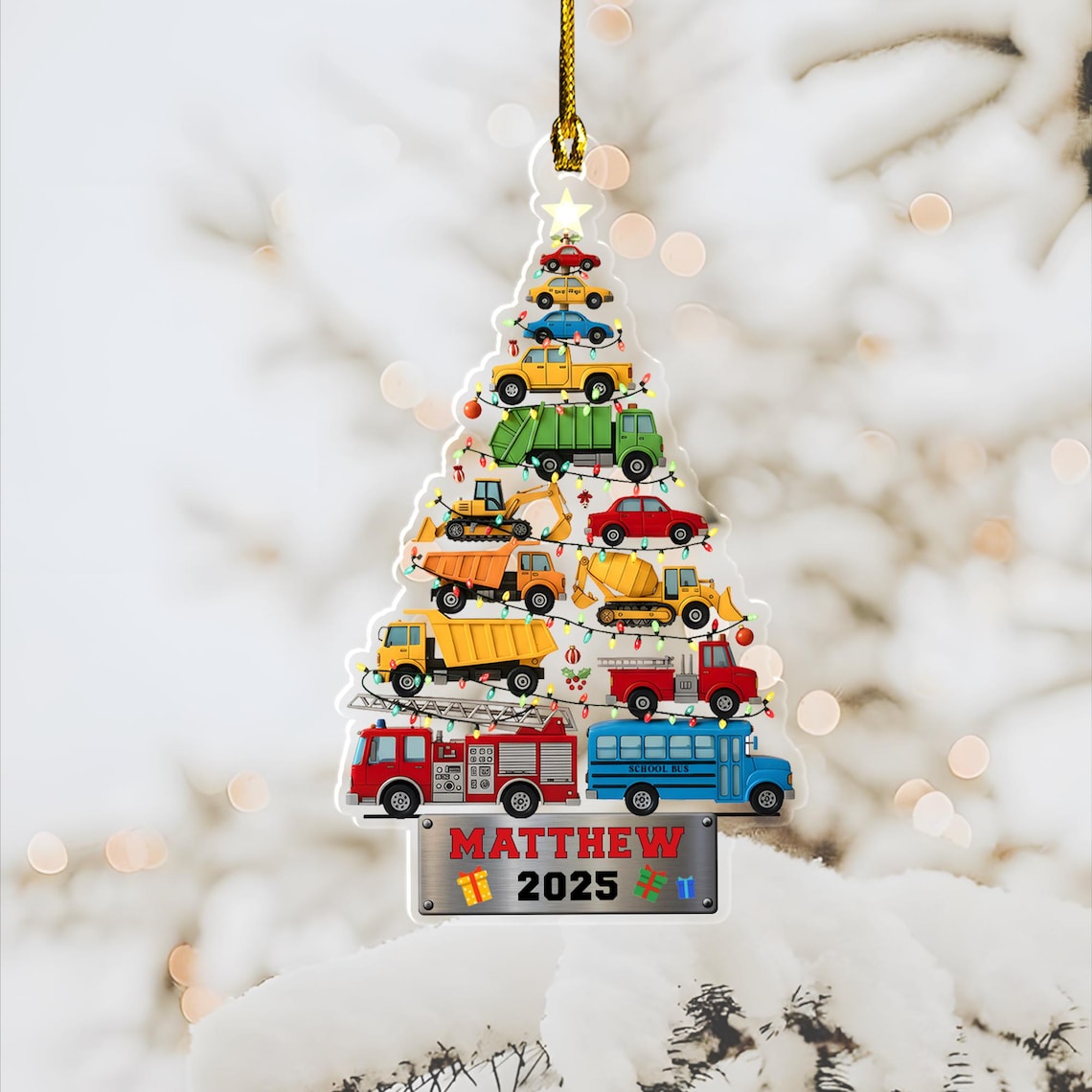 Personalisierter LKW-Weihnachtsbaumschmuck – Doppelseitiges Acryl-Erinnerungsstück für Kinder