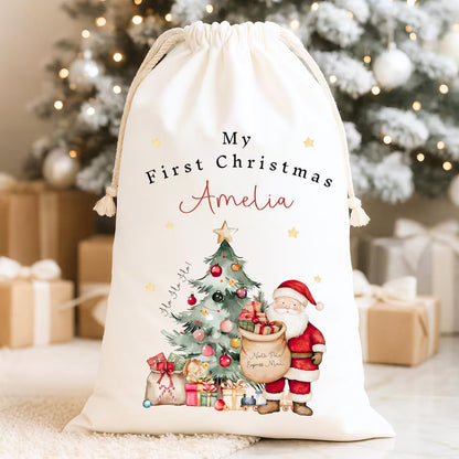 Personalized Drawstring Christmas Sack | Custom Name Santa Gift Bag First Christmas