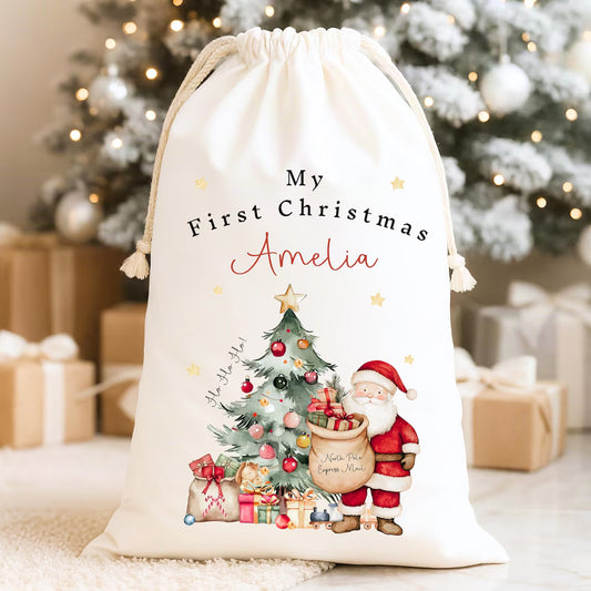 Personalized Drawstring Christmas Sack | Custom Name Santa Gift Bag First Christmas