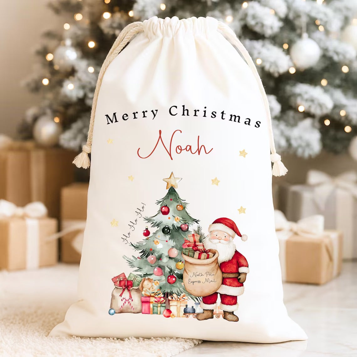Personalized Drawstring Christmas Sack | Custom Name Santa Gift Bag First Christmas