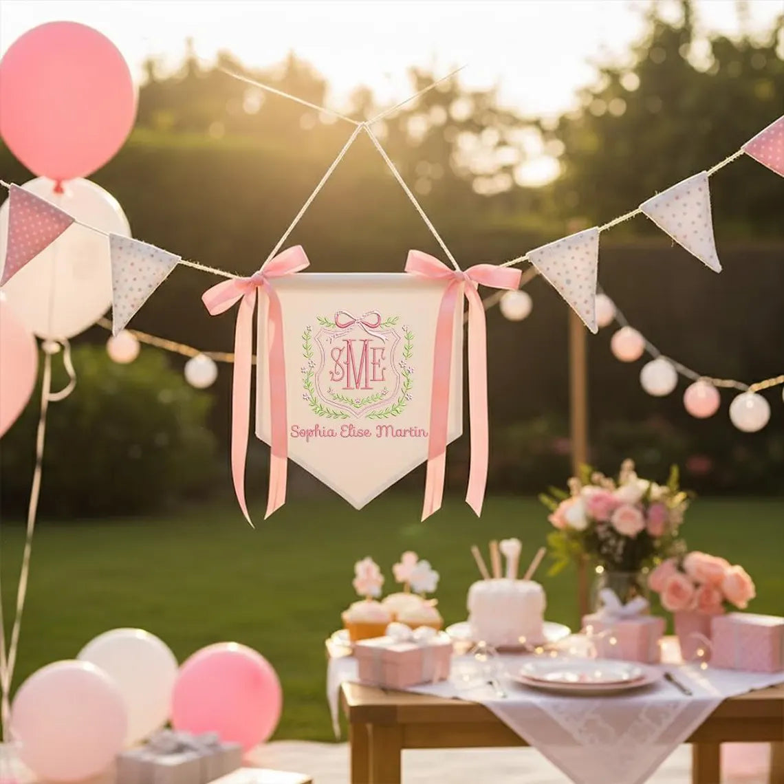 Personalized Baby Name Banner with Floral Crest & Satin Bows