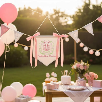 Personalized Baby Name Banner with Floral Crest & Satin Bows