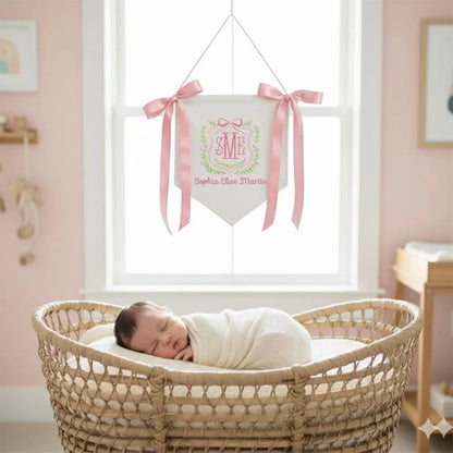 Personalized Baby Name Banner with Floral Crest & Satin Bows