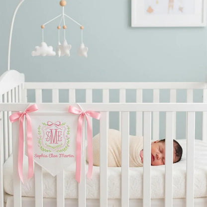 Personalized Baby Name Banner with Floral Crest & Satin Bows