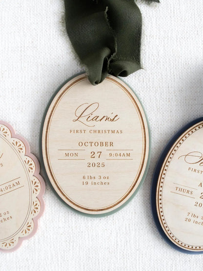 Personalized Baby’s First Christmas Ornament – Engraved Wood Birth Stats