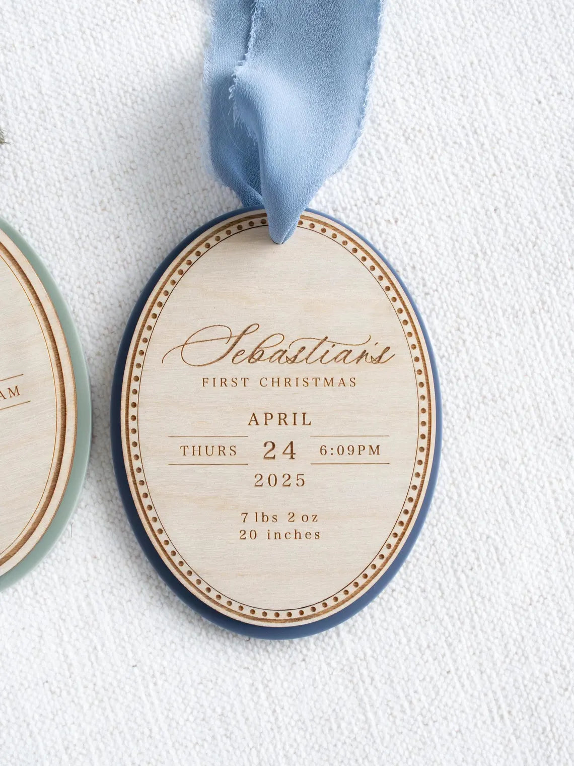 Personalized Baby’s First Christmas Ornament – Engraved Wood Birth Stats