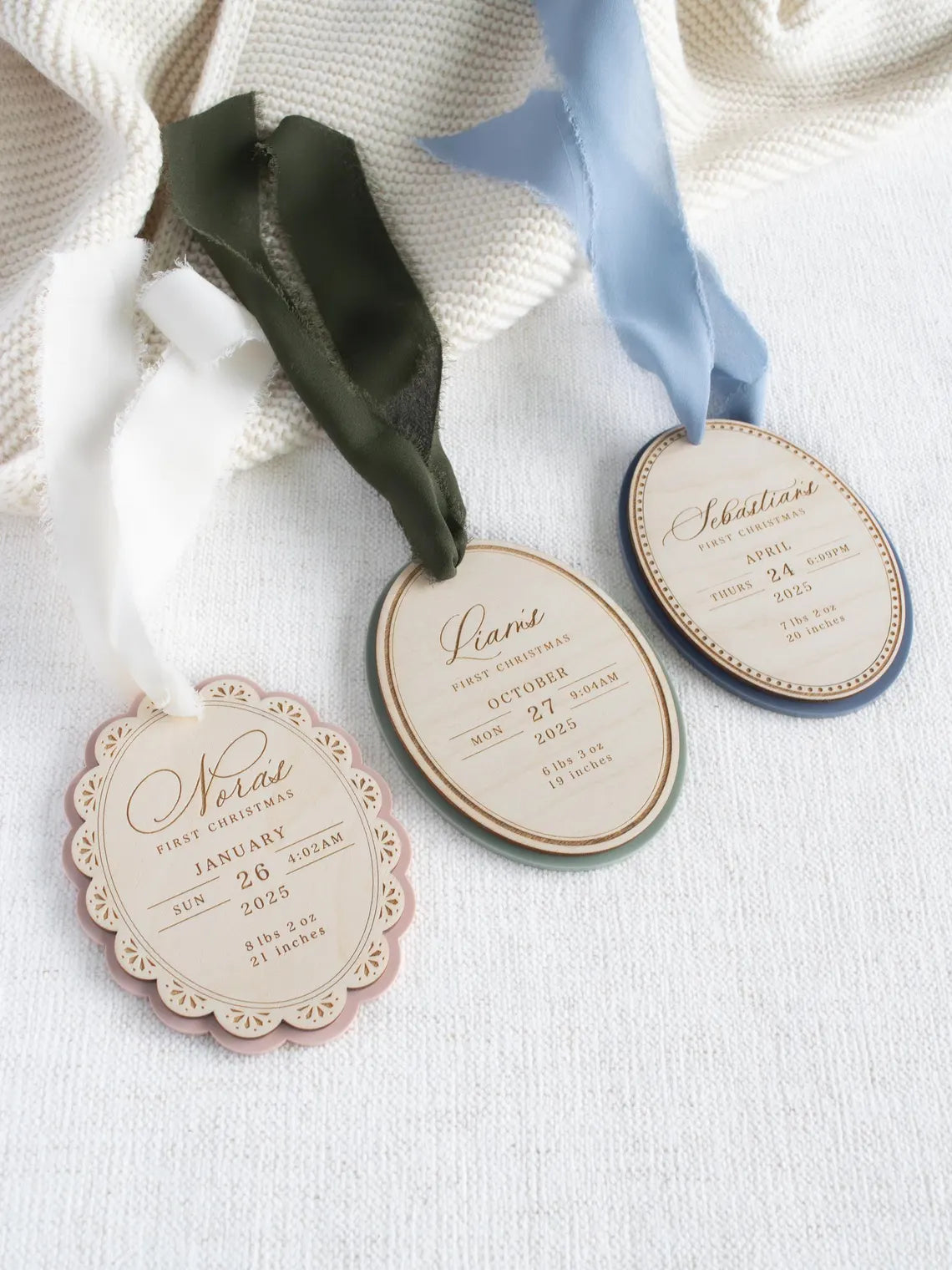 Personalized Baby’s First Christmas Ornament – Engraved Wood Birth Stats