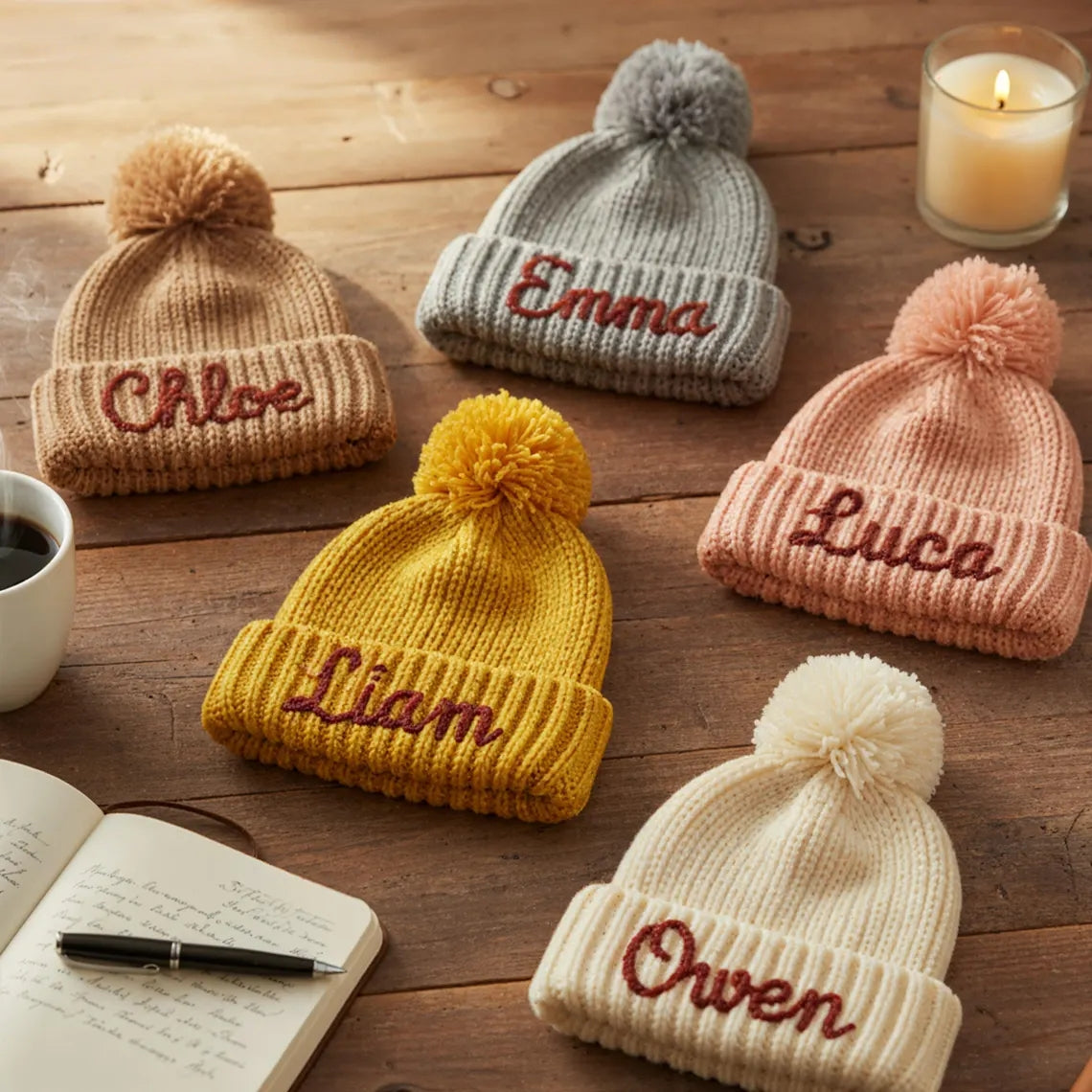 Personalized Hand Embroidered Kids Winter Hat with Pom Pom