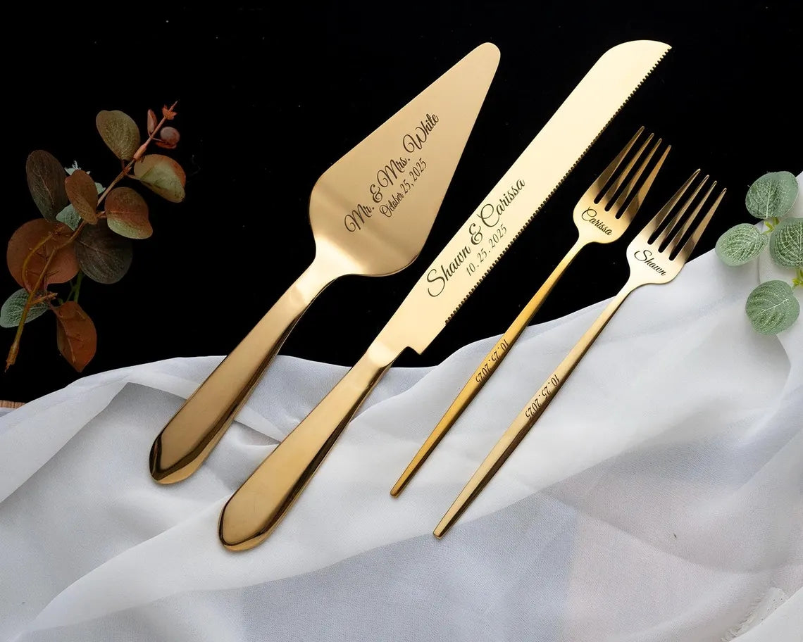 Personalized Wedding Cake Cutting Set – Knife, Server & Forks