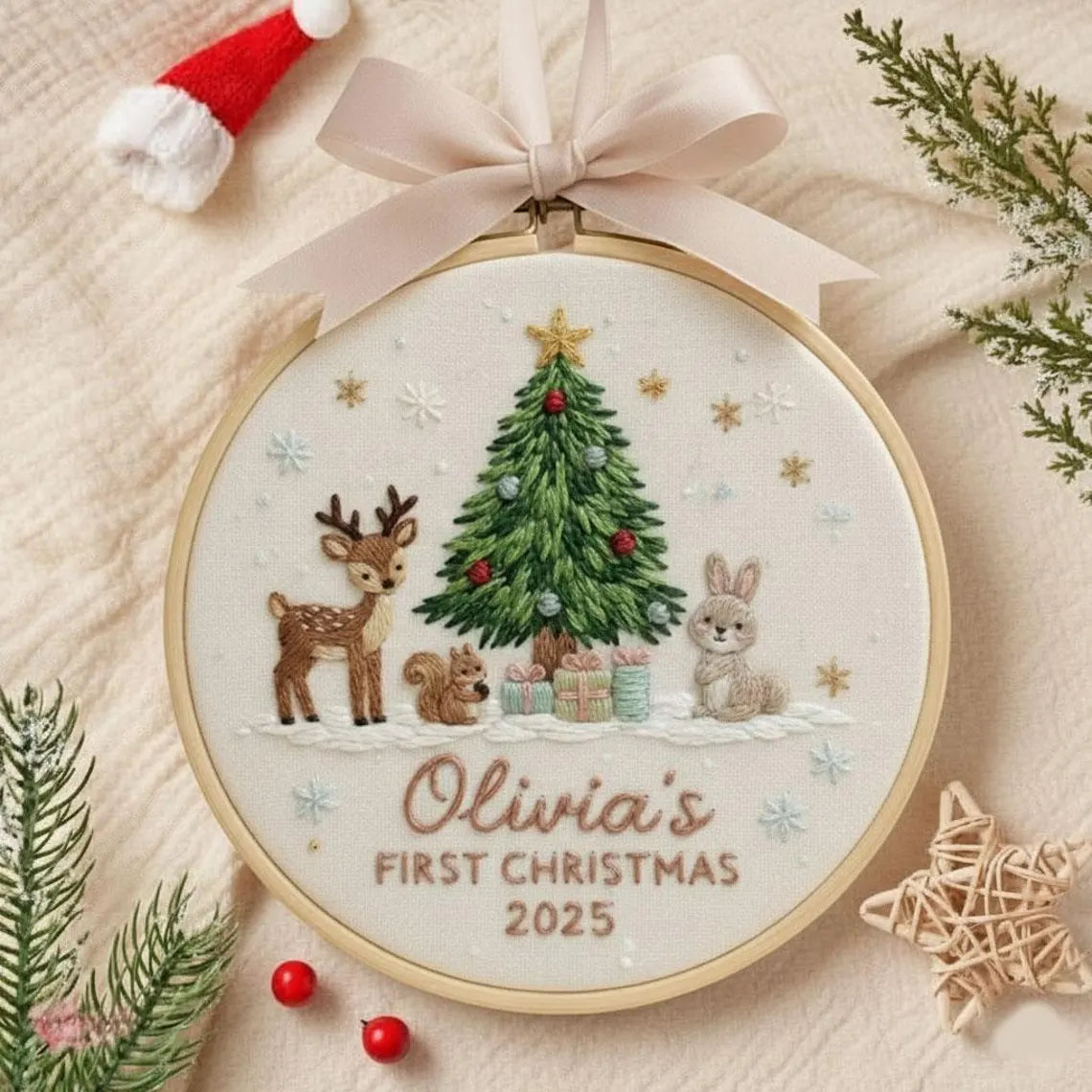 Custom Woodland Animal Baby’s 1st Christmas Embroidered Ornament