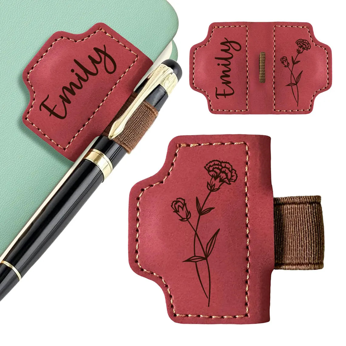 Personalized Leather Bookmark with Birth Flower & Pen Holder