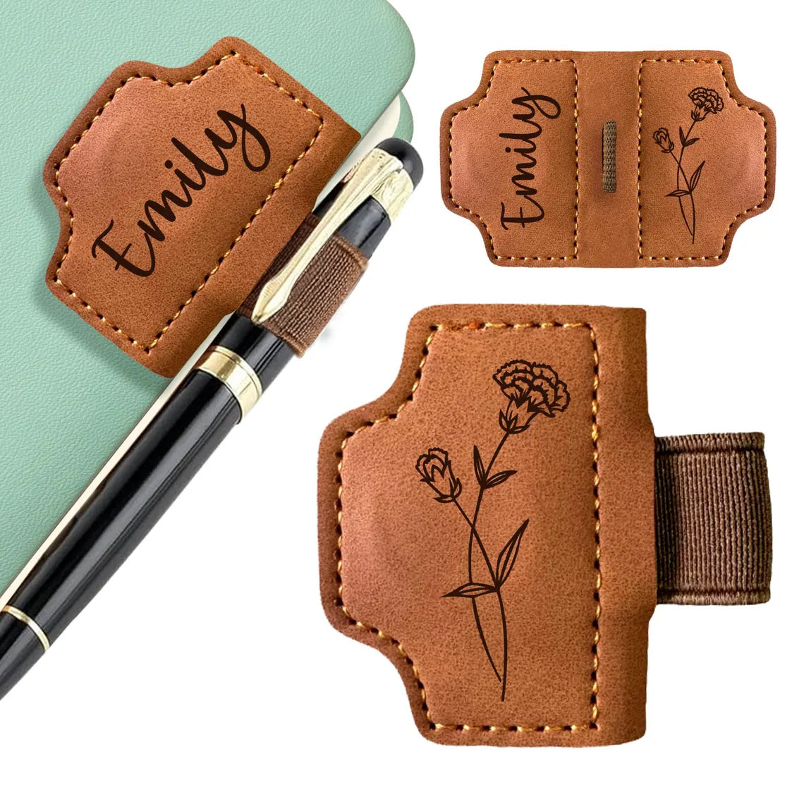 Personalized Leather Bookmark with Birth Flower & Pen Holder