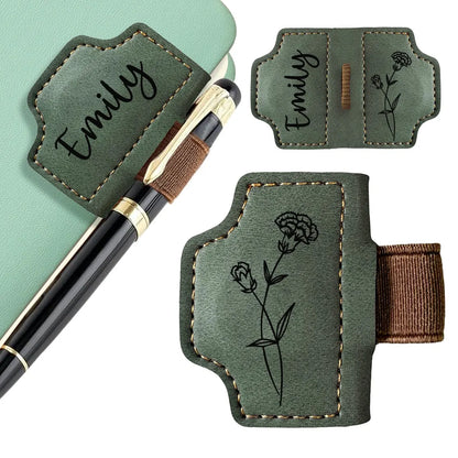 Personalized Leather Bookmark with Birth Flower & Pen Holder