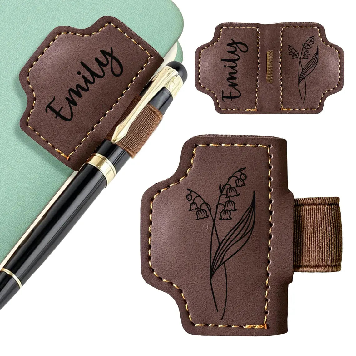 Personalized Leather Bookmark with Birth Flower & Pen Holder