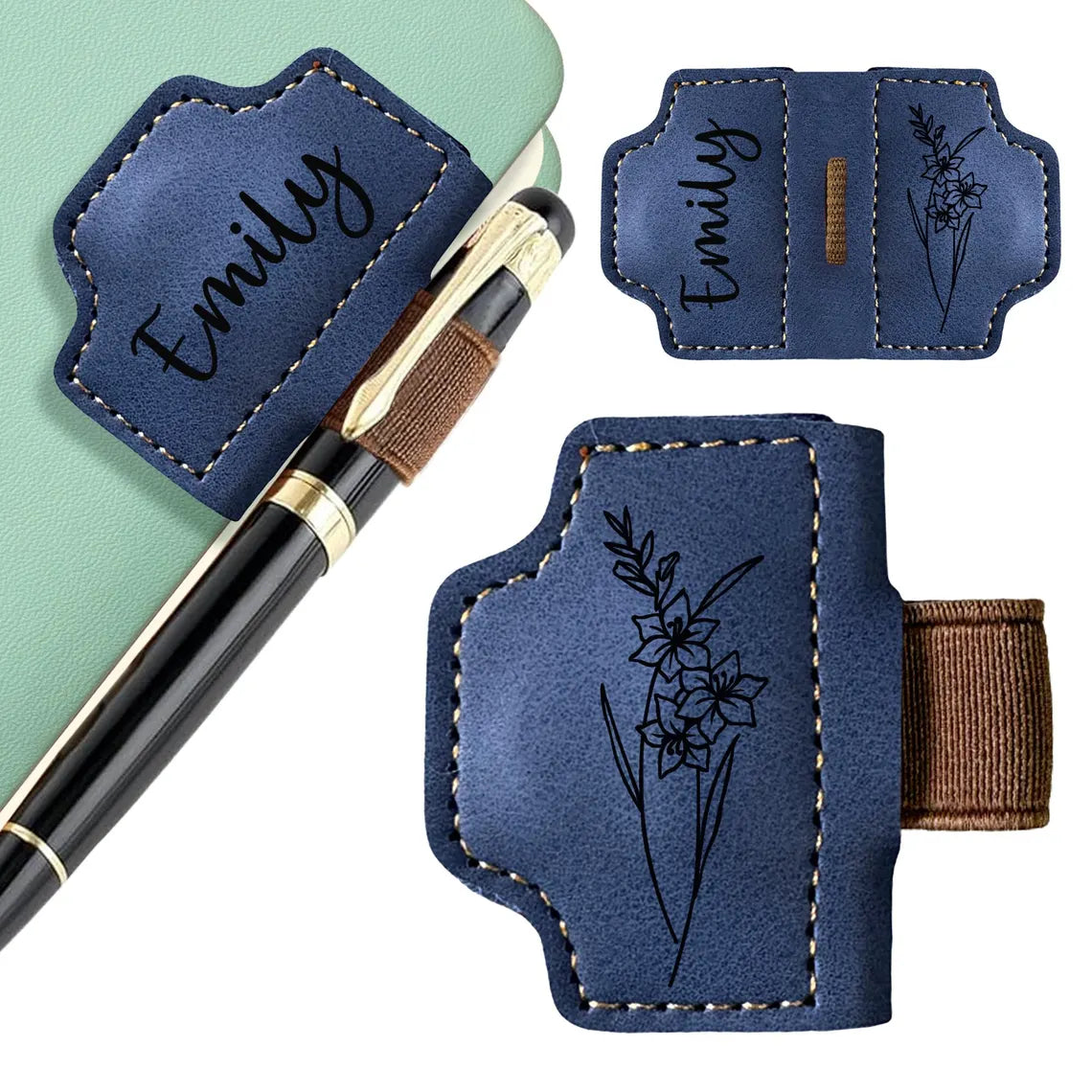 Personalized Leather Bookmark with Birth Flower & Pen Holder