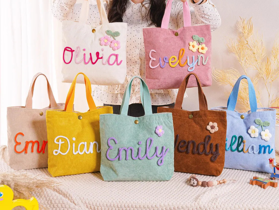 Personalized Corduroy Kids Tote Bag – Custom Name Handbag