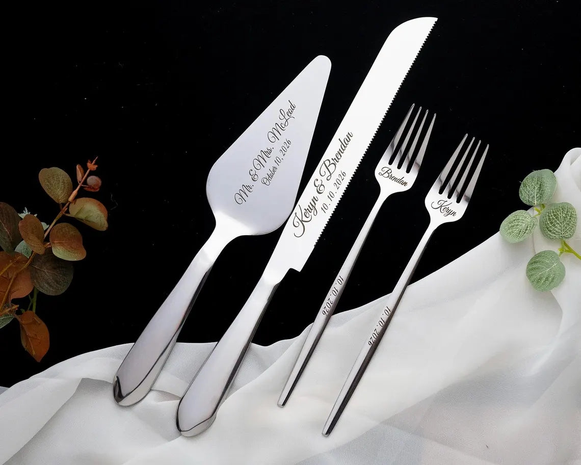 Personalized Wedding Cake Cutting Set – Knife, Server & Forks