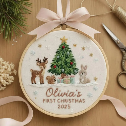 Custom Woodland Animal Baby’s 1st Christmas Embroidered Ornament