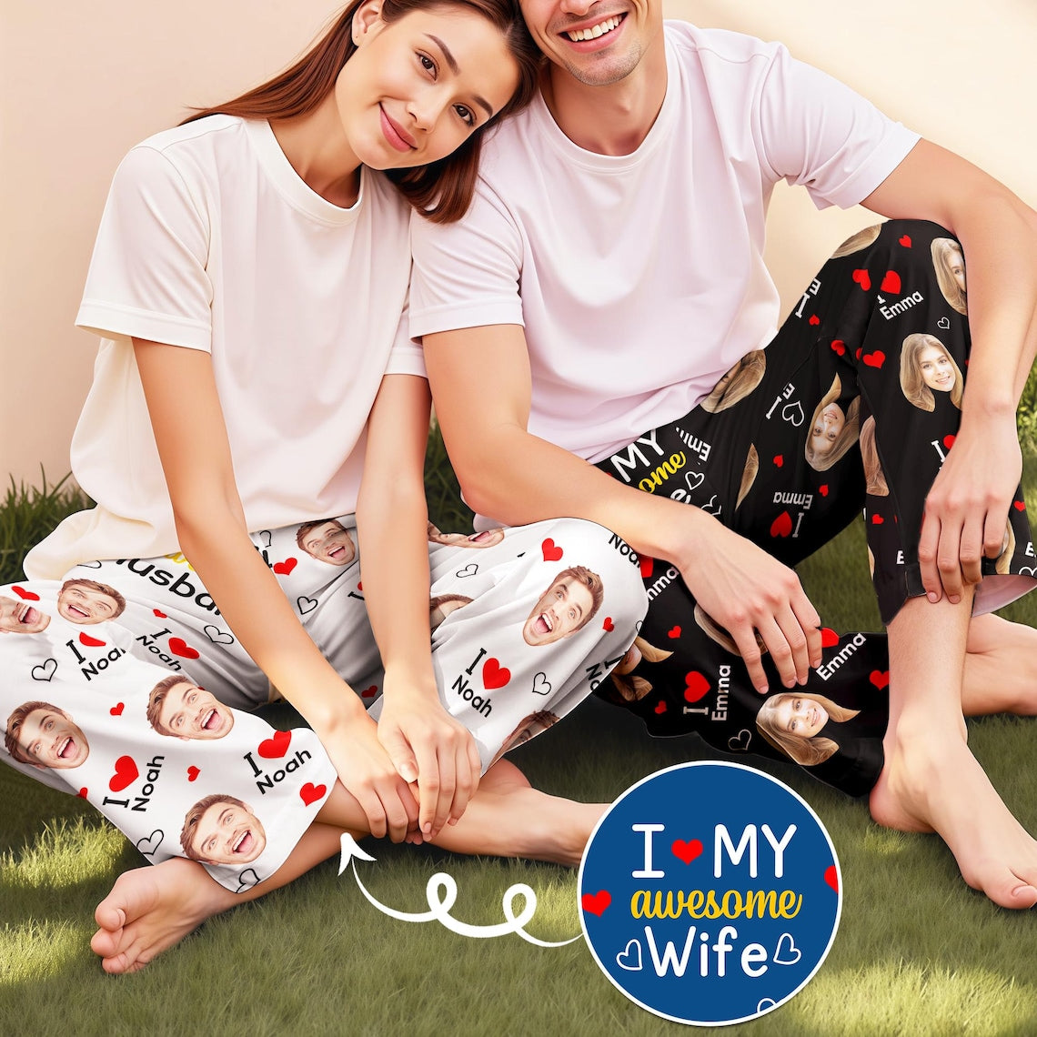 Custom Face Pajama Pants – Matching Personalized Sleep Pants for Couples Unisex Sizes