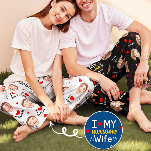 Custom Face Pajama Pants – Matching Personalized Sleep Pants for Couples Unisex Sizes