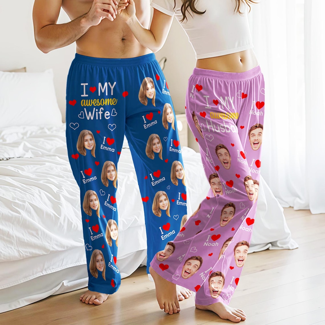 Custom Face Pajama Pants – Matching Personalized Sleep Pants for Couples Unisex Sizes
