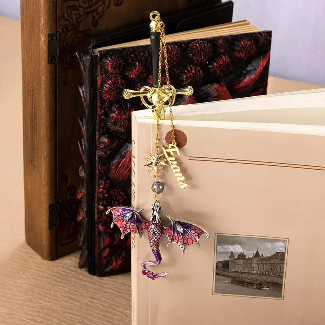 Custom Name Fantasy Dragon Bookmark | Metal Sword Design