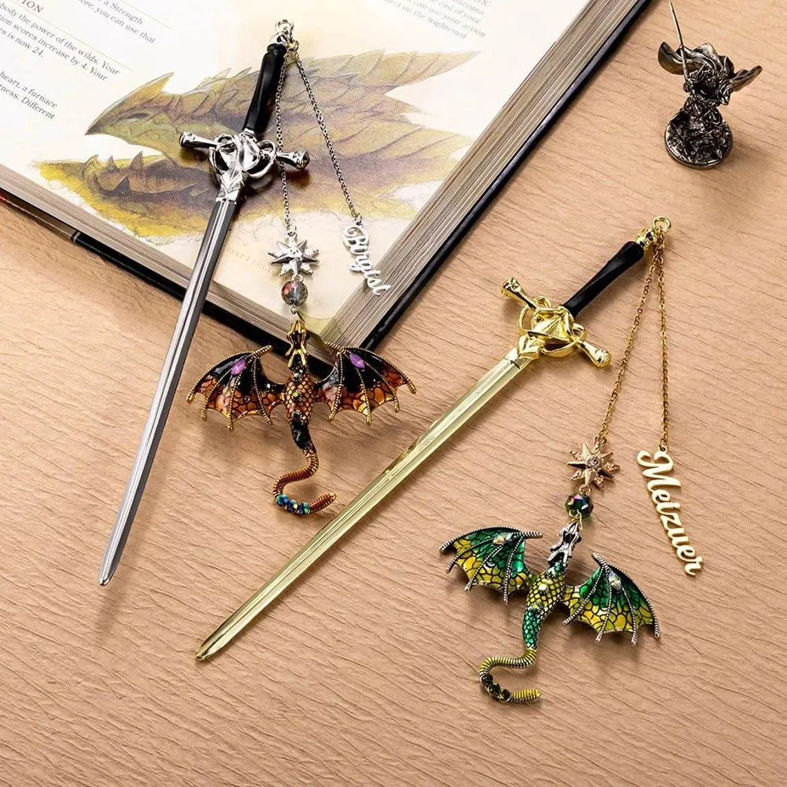 Custom Name Fantasy Dragon Bookmark | Metal Sword Design