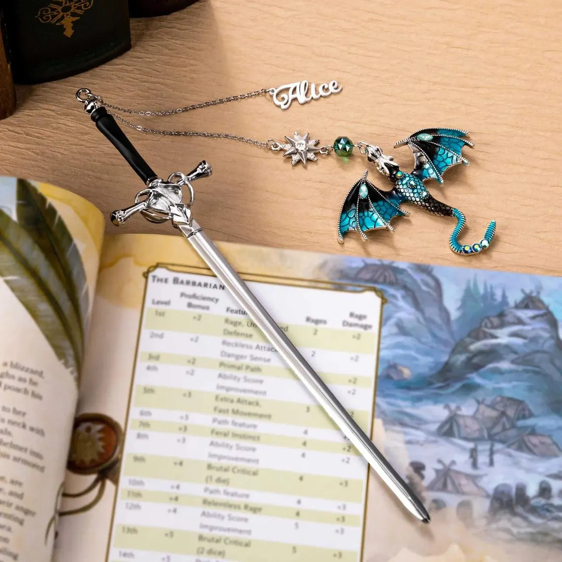Custom Name Fantasy Dragon Bookmark | Metal Sword Design